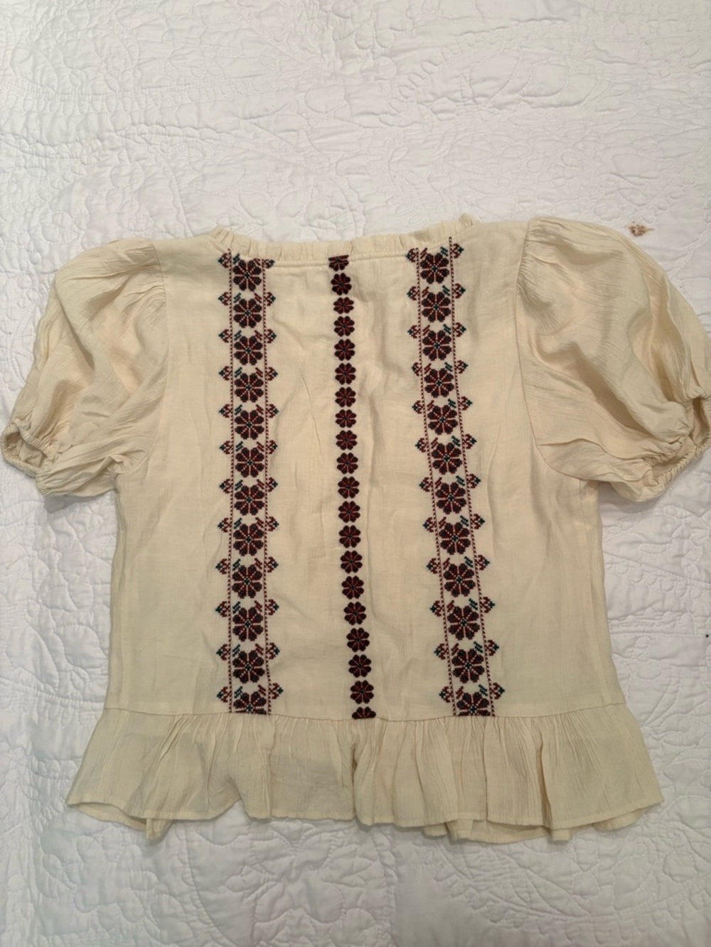 Abercrombie & Fitch Cream Puff-Sleeve Embroidered Blouse